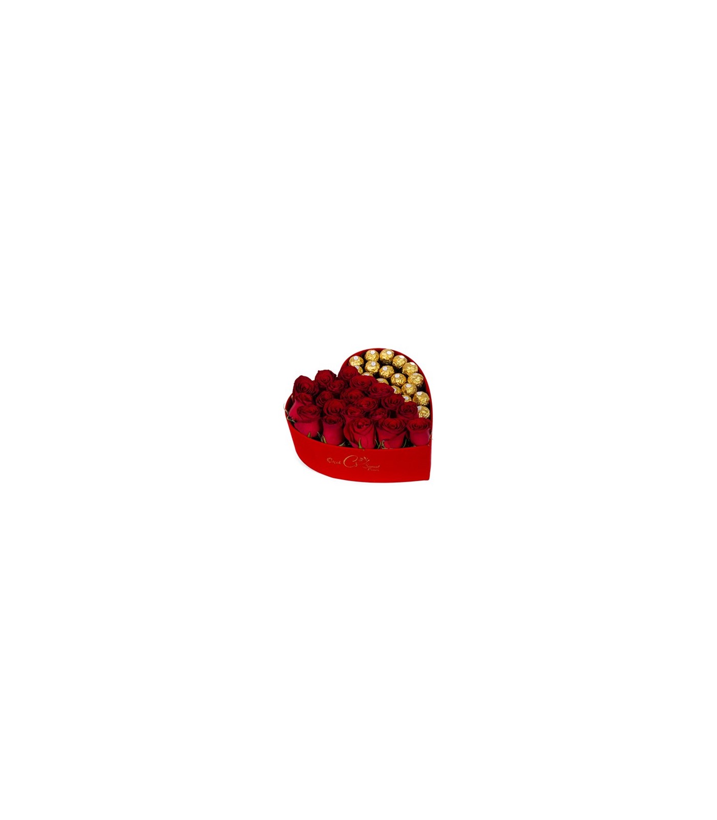 Kırmızı Kadife Kalp Kutu İçerisinde Kırmızı gül ve Rocher Çikolata
